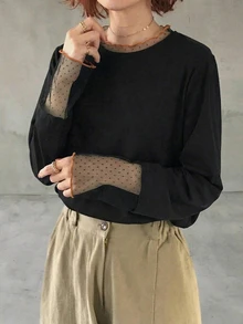 FRIFUL 纯色拼接薄纱波点网眼宽松休闲百搭T恤 - 黑色 - 查看 4