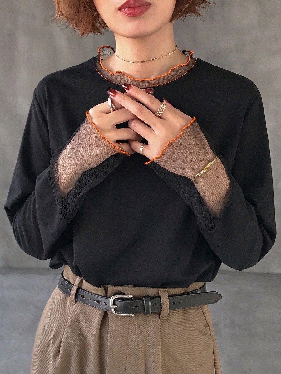 FRIFUL 纯色拼接薄纱波点网眼宽松休闲百搭T恤 - 黑色 - 查看 1