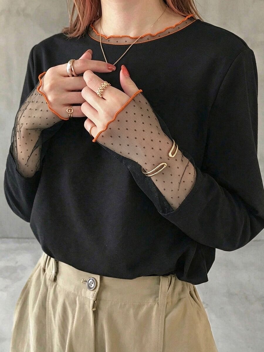 FRIFUL Solid Color Patchwork Sheer Polka Dot Mesh Fabric Loose Casual Versatile T-Shirt - Black - View 1
