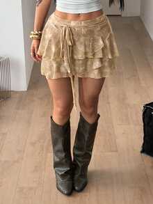 Coolane Women's All-Season Mesh Chic Elegant Casual Going Out Vacation Beach Boho Basic Solid Beige Textured Loose Ruffle Hem Tie Waist Drawstring Mini Skirt - Khaki - View 3