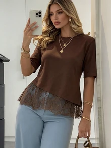 Ritzy Row 女款棕色圓領蕾絲飾邊寬鬆休閒短袖T恤上衣，夏季度假海灘風鄉村風，適合通勤、畢業季、時尚休閒通勤穿搭、商務辦公、百搭時尚日常休閒穿著 - 棕色 - 查看 1