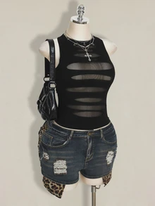 SHEIN ICON Plus Size Y2K Goth Sheer Distressed Sexy Camisole Top Gothic Mesh Tops For Women Black See Through Date Night Cocktail Summer - Black - View 6