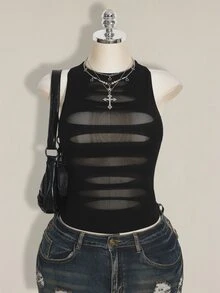 SHEIN ICON Plus Size Y2K Goth Sheer Distressed Sexy Camisole Top Gothic Mesh Tops For Women Black See Through Date Night Cocktail Summer - Black - View 2