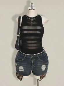 SHEIN ICON Plus Size Y2K Goth Sheer Distressed Sexy Camisole Top Gothic Mesh Tops For Women Black See Through Date Night Cocktail Summer - Black - View 5
