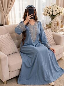 SHEIN Najma 女款V領長袖洋裝，小碎花領口印花，灰藍色，優雅端莊Ninang搭配阿拉伯風情套裝，秋季長版正式家庭穿著 - 彩色 - 查看 1