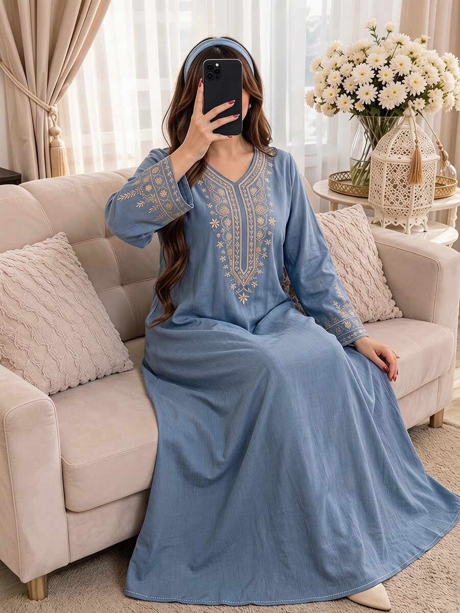 SHEIN Najma 女款V領長袖洋裝，小碎花領口印花，灰藍色，優雅端莊Ninang搭配阿拉伯風情套裝，秋季長版正式家庭穿著 - 彩色 - 查看 1