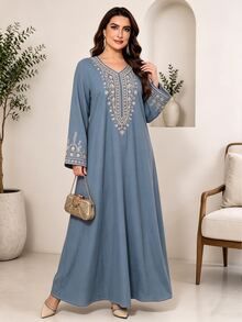 SHEIN Najma 女款V領長袖洋裝，小碎花領口印花，灰藍色，優雅端莊Ninang搭配阿拉伯風情套裝，秋季長版正式家庭穿著 - 彩色 - 查看 4