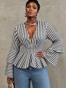 INAWLY Plus Size Women's V-Neck Striped Casual Daily Wear Shirt - Blue - View 3