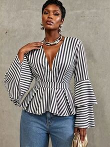 INAWLY Plus Size Women's V-Neck Striped Casual Daily Wear Shirt - Blue - View 4