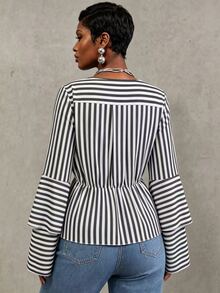 INAWLY Plus Size Women's V-Neck Striped Casual Daily Wear Shirt - Blue - View 2