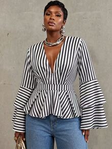 INAWLY Plus Size Women's V-Neck Striped Casual Daily Wear Shirt - Blue - View 1