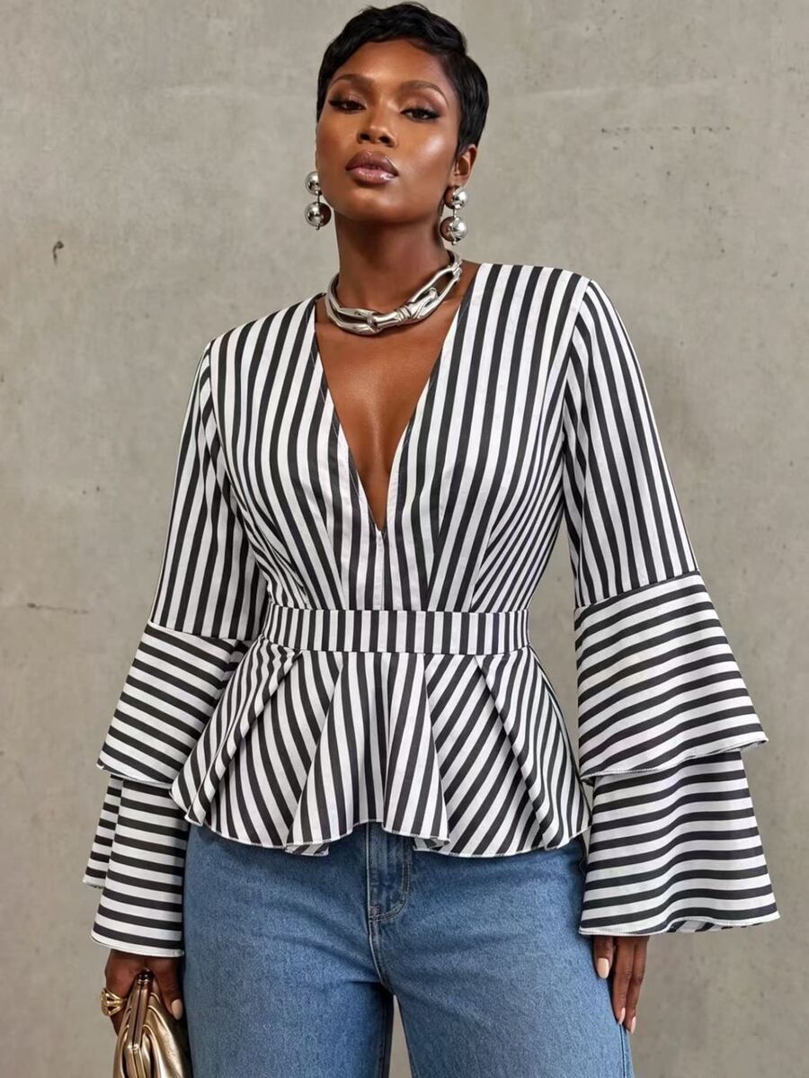 INAWLY Plus Size Women's V-Neck Striped Casual Daily Wear Shirt - Blue - View 1