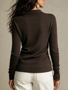 SHEIN Early Autumn Mock Neck Cross Wrap Sweater Women Slim Waist Long Sleeve Knit Pullover - Coffee Brown - View 2