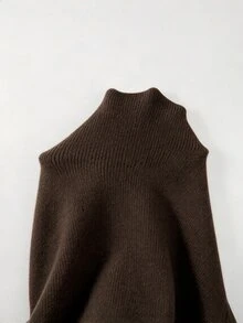SHEIN Early Autumn Mock Neck Cross Wrap Sweater Women Slim Waist Long Sleeve Knit Pullover - Coffee Brown - View 3