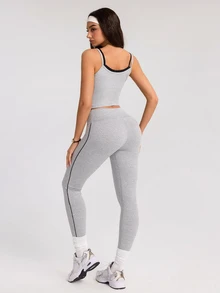 Eassivo Eassivo Bộ đồ thể thao nữ gồm áo tank top tối giản và quần dài phối màu sọc colorblock - Xám - Xem 3