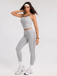 Eassivo Eassivo Bộ đồ thể thao nữ gồm áo tank top tối giản và quần dài phối màu sọc colorblock - Xám - Xem 5