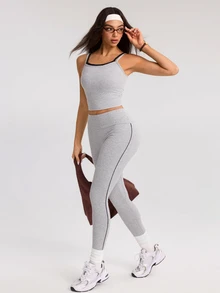 Eassivo Eassivo Bộ đồ thể thao nữ gồm áo tank top tối giản và quần dài phối màu sọc colorblock - Xám - Xem 6