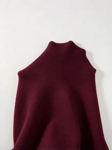 SHEIN 初秋女款修身腰交叉領毛衣，長袖針織套頭衫 - 酒紅色 - 查看 6