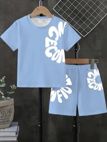 Only 1 Set, Summer Boys Outfit, Personalized Artistic Side Letter Print Short Sleeve T-Shirt And Shorts 2 Pieces Set, Casual Comfortable Cool Stylish, - Multicolor - View 5