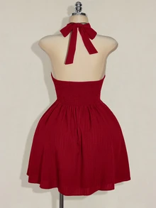 SHEIN ICON 大尺碼掛脖紅白編織收腰A字露背洋裝，適合夏季度假與日常穿著，Y2K傳統優雅風 - 紅色 - 查看 8