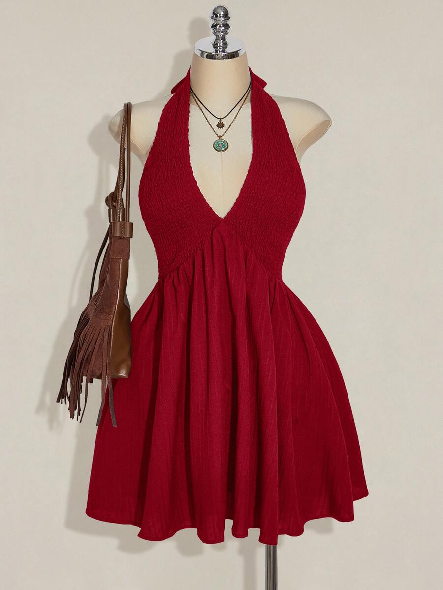 SHEIN ICON Plus Size Halter Red And White Woven Cinched Waist A-Line Backless Dress Suitable For Summer Vacation Daily Wear Y2K Traditional Elegant - Red - View 1