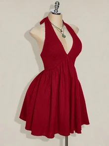 SHEIN ICON 大尺碼掛脖紅白編織收腰A字露背洋裝，適合夏季度假與日常穿著，Y2K傳統優雅風 - 紅色 - 查看 4