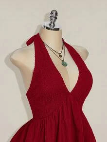 SHEIN ICON 大尺碼掛脖紅白編織收腰A字露背洋裝，適合夏季度假與日常穿著，Y2K傳統優雅風 - 紅色 - 查看 6