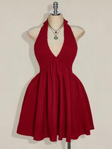 SHEIN ICON 大尺碼掛脖紅白編織收腰A字露背洋裝，適合夏季度假與日常穿著，Y2K傳統優雅風 - 紅色 - 查看 7