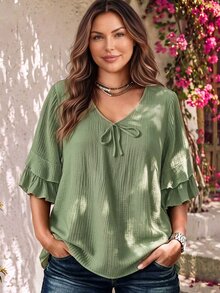 EMERY ROSE Plus Size Women's Green Casual Vacation Shirt Blouse, Cotton, Ruffle Sleeves, Bow Decor, Suitable For Daily Outing, Vacation Travel, Leisure & Home - Green - View 1