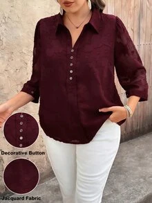 EMERY ROSE Plus Size Women's Chiffon Jacquard V-Neck 3/4 Sleeve Button Decor Casual Elegant Blouse Button Up Shirts For Casual Formal Office Burgundy Autumn Fall - Burgundy - View 4