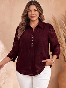 EMERY ROSE Plus Size Women's Chiffon Jacquard V-Neck 3/4 Sleeve Button Decor Casual Elegant Blouse Button Up Shirts For Casual Formal Office Burgundy Autumn Fall - Burgundy - View 1