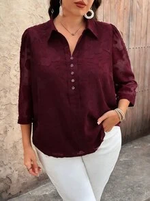 EMERY ROSE Plus Size Women's Chiffon Jacquard V-Neck 3/4 Sleeve Button Decor Casual Elegant Blouse Button Up Shirts For Casual Formal Office Burgundy Autumn Fall - Burgundy - View 6