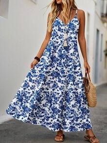 EMERY ROSE Plus Size White Base Blue Vintage Floral Print V Neck Adjustable Spaghetti Strap A-Line Maxi Cami Dress Women Lightweight Daily Vacation Sundress - Multicolor - View 3