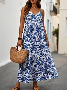 EMERY ROSE Plus Size White Base Blue Vintage Floral Print V Neck Adjustable Spaghetti Strap A-Line Maxi Cami Dress Women Lightweight Daily Vacation Sundress - Multicolor - View 4