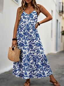 EMERY ROSE Plus Size White Base Blue Vintage Floral Print V Neck Adjustable Spaghetti Strap A-Line Maxi Cami Dress Women Lightweight Daily Vacation Sundress - Multicolor - View 6