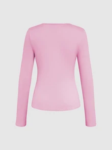 Tropvida Women's Autumn Solid Color V-Neck Slim Fit Long Sleeve T-Shirt Date Soft Pink Chic - Pink - View 2