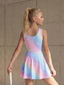 SHEIN Tween Girls' Cute Light Blue Gradient Star Pattern Cover Up Leotard Activewear, Summer Gym Gymnastics Dancing Ballet Dopamine Minimalist Suit - Multicolor - View 3