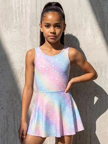 SHEIN Tween Girls' Cute Light Blue Gradient Star Pattern Cover Up Leotard Activewear, Summer Gym Gymnastics Dancing Ballet Dopamine Minimalist Suit - Multicolor - View 2