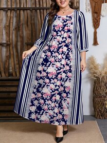 SHEIN Najma 大码女式玫瑰花卉条纹印花时尚圆领褶裥设计腰部喇叭下摆中长连衣裙，春季 - 彩色 - 查看 6