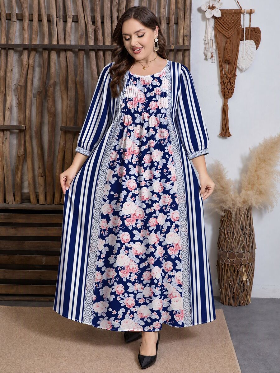 SHEIN Najma 大码女式玫瑰花卉条纹印花时尚圆领褶裥设计腰部喇叭下摆中长连衣裙,春季 - 彩色 - 查看 1