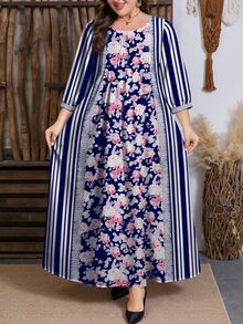SHEIN Najma 大码女式玫瑰花卉条纹印花时尚圆领褶裥设计腰部喇叭下摆中长连衣裙，春季 - 彩色 - 查看 3