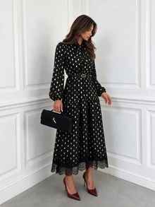 Easowa Women Fall/Winter Black Gold Polka Dot Print Long Sleeve High Neck Dress With Lace Trim Elegant Flowy Party Dress For Events Christmas Wedding - Black Gold - View 1