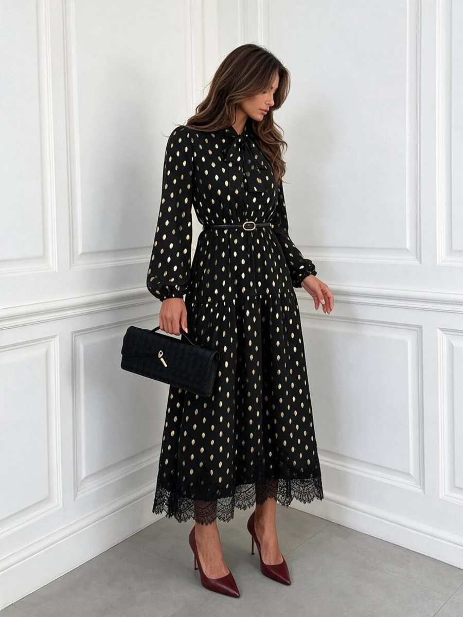 Easowa Women Fall/Winter Black Gold Polka Dot Print Long Sleeve High Neck Dress With Lace Trim Elegant Flowy Party Dress For Events Christmas Wedding - Black Gold - View 1