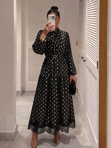 Easowa Women Fall/Winter Black Gold Polka Dot Print Long Sleeve High Neck Dress With Lace Trim Elegant Flowy Party Dress For Events Christmas Wedding - Black Gold - View 2