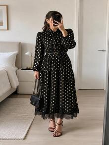 Easowa Women Fall/Winter Black Gold Polka Dot Print Long Sleeve High Neck Dress With Lace Trim Elegant Flowy Party Dress For Events Christmas Wedding - Black Gold - View 3
