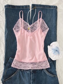 SHEIN Sparklyn 3件組青少年女孩復古可愛Y2K街頭風字母印花拼色細肩帶無袖短版背心上衣，夏季校園Sixth Form，白色與粉色 - 粉色 - 查看 3