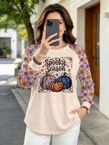 Seusyu Plus Size Women's Pumpkin Print Raglan Long Sleeve Casual Kawaii Top Halloween Birthday Vacation Beige Fall Party - Multicolor - View 1