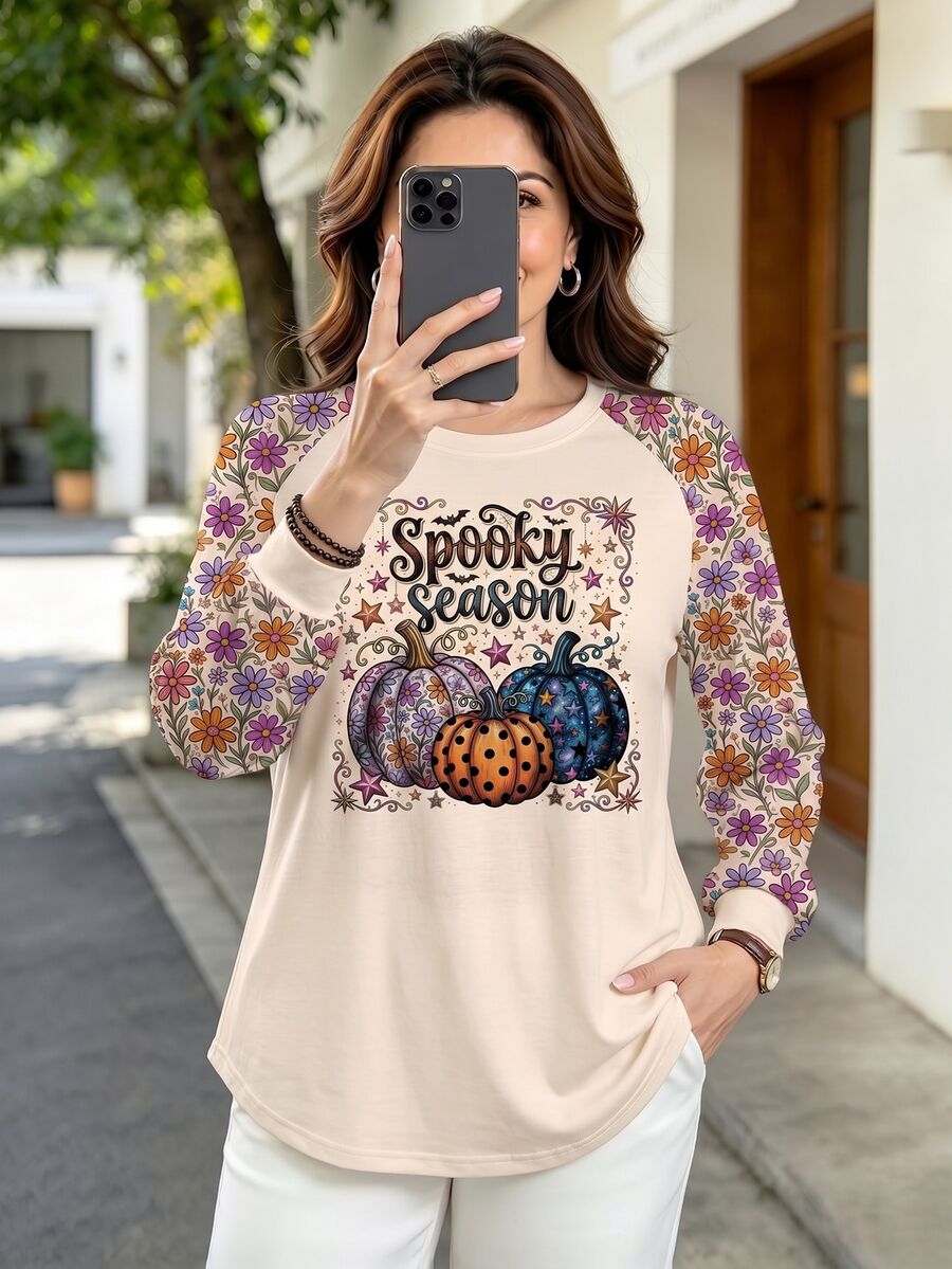 Seusyu Plus Size Women's Pumpkin Print Raglan Long Sleeve Casual Kawaii Top Halloween Birthday Vacation Beige Fall Party - Multicolor - View 1