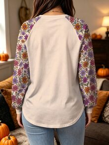 Seusyu Plus Size Women's Pumpkin Print Raglan Long Sleeve Casual Kawaii Top Halloween Birthday Vacation Beige Fall Party - Multicolor - View 2