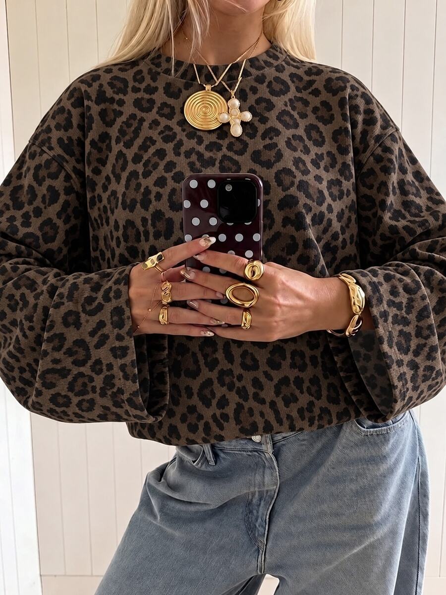 SHEIN EZwear Women's Leopard Print Round Neck Long Sleeve Casual Loose Fit T-Shirt - Multicolor - View 1